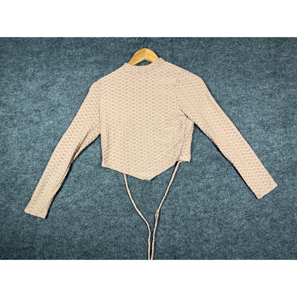 LOVE J Crop Top Womens Medium Pink Stretch Textured Honeycomb-Pattern Tie Back